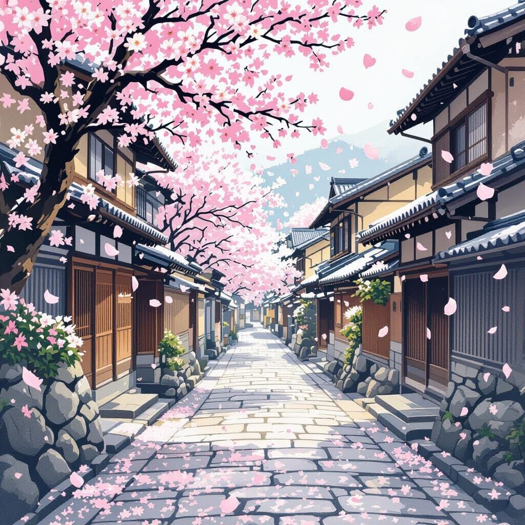 Cherry Blossoms Fall Like Snow on Quiet Kyoto Street
