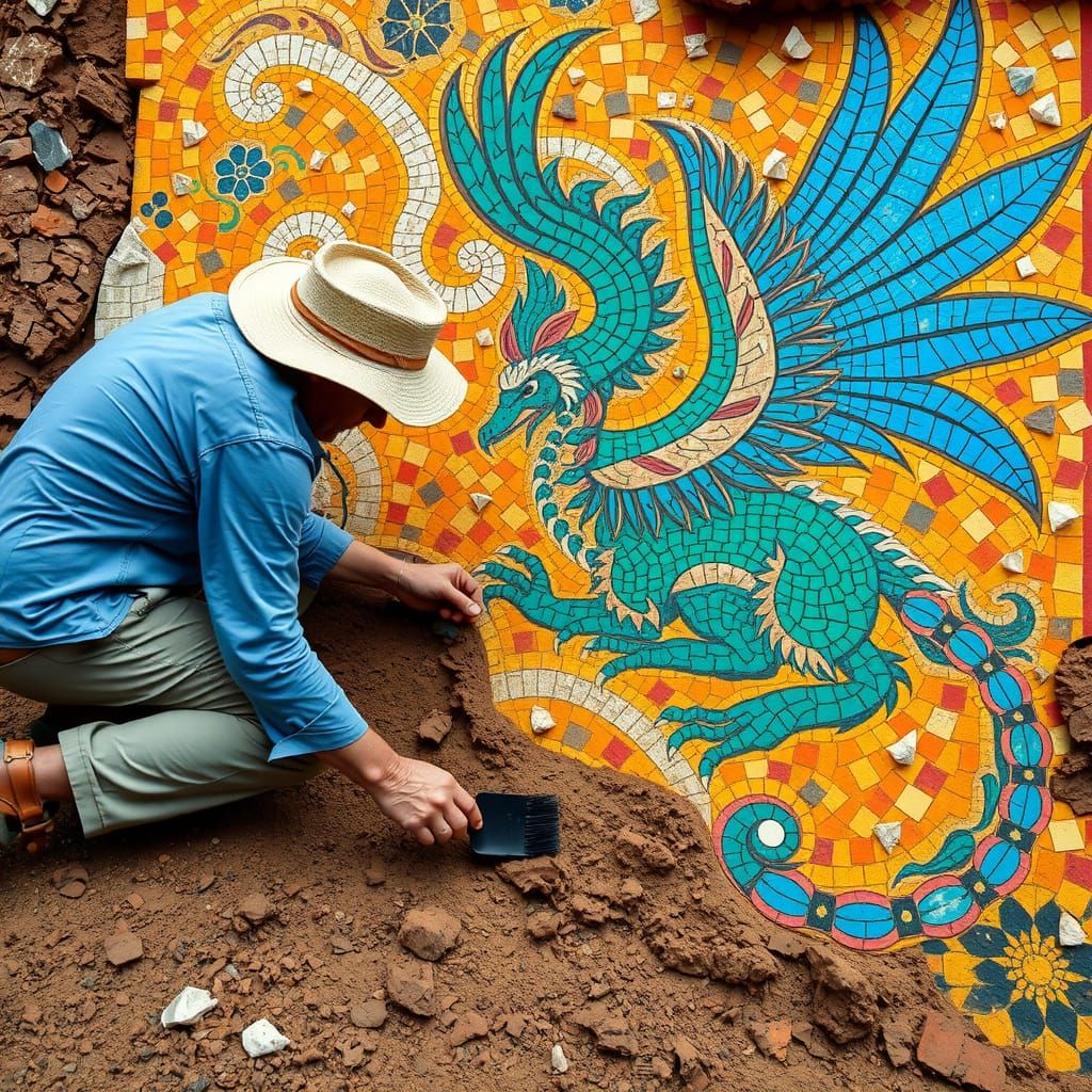 Byzantine Griffin Mosaic in Terracotta and Gold