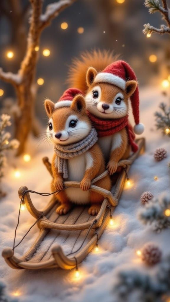 Cute Squirrels Sleighing in Snowy Hillside