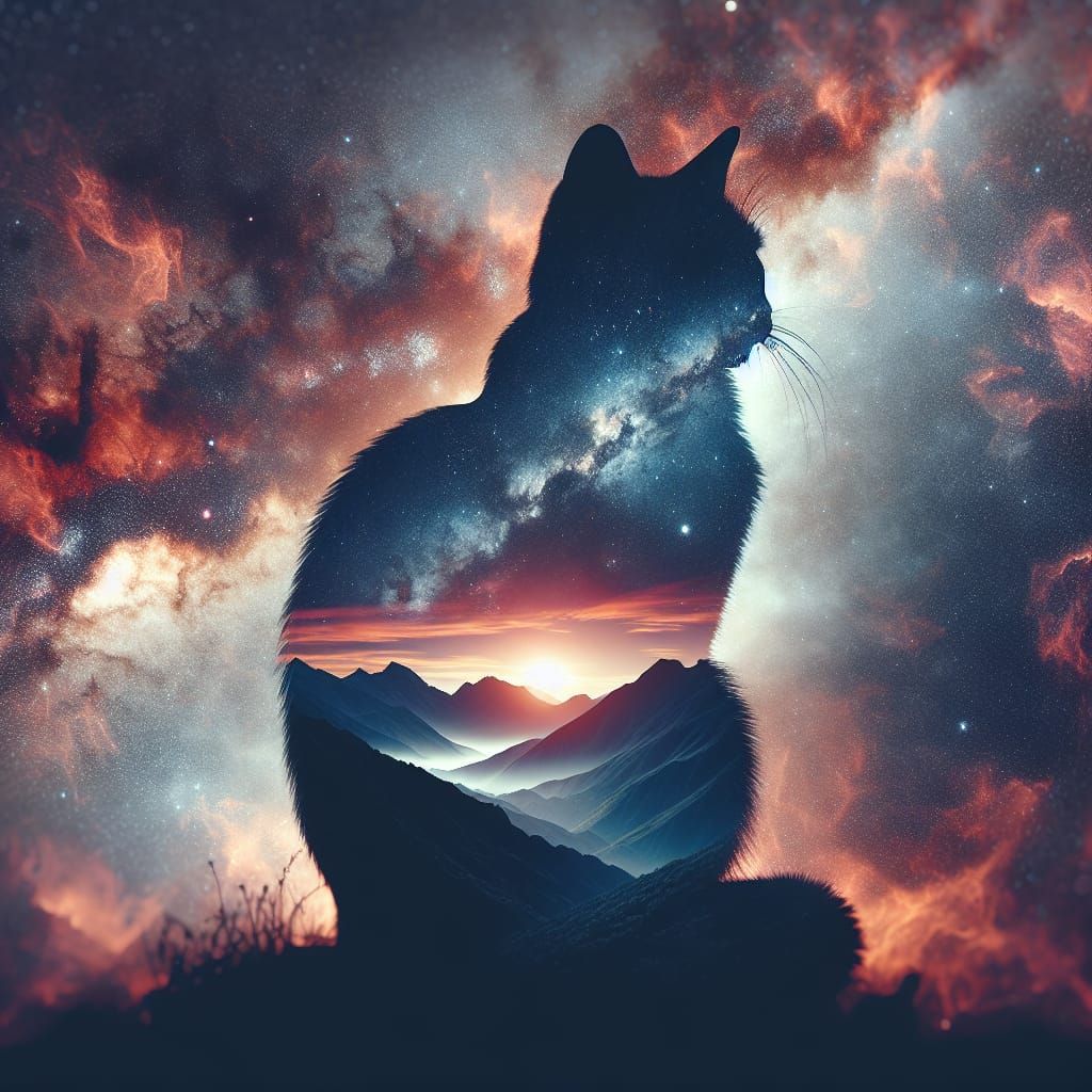 Dreamy Cat Silhouette with Mountain Sunset