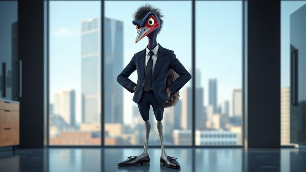 Confident Emu Executive in Navy Suit