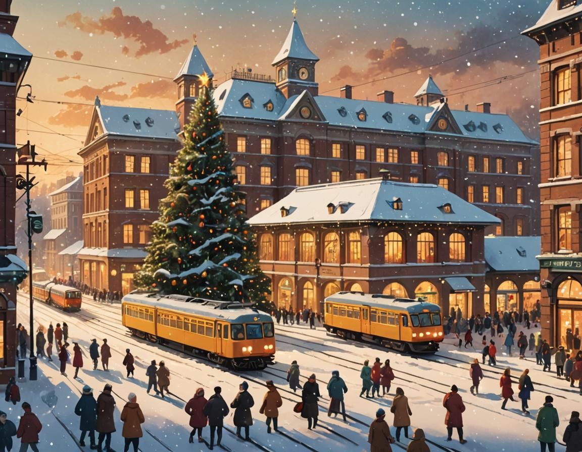 Festive Christmas at the Train Station: A Winter Scene