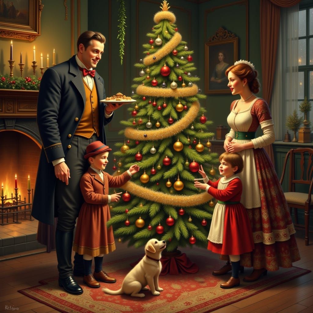 Dickensian Christmas Family Scene in Pre-Raphaelite Style