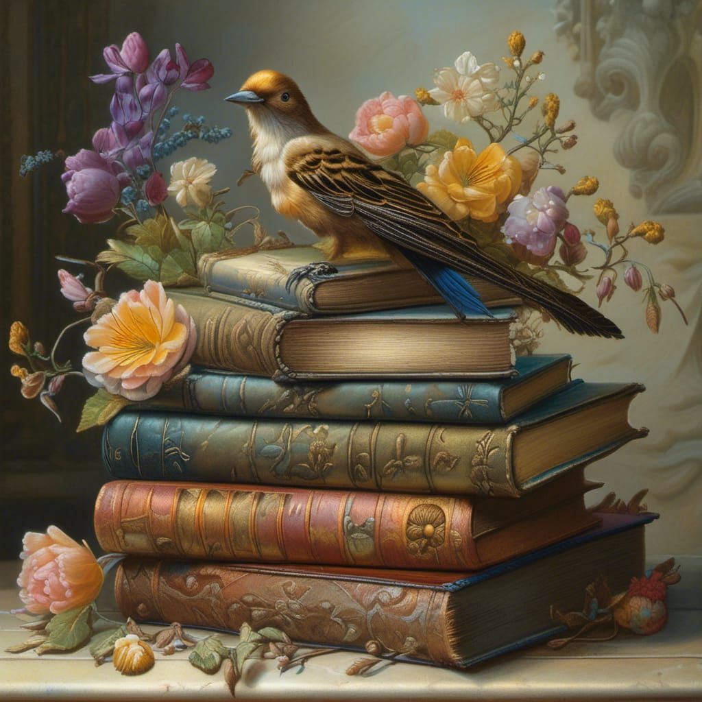 Colorful Bird on Antique Books: Fantasy Art