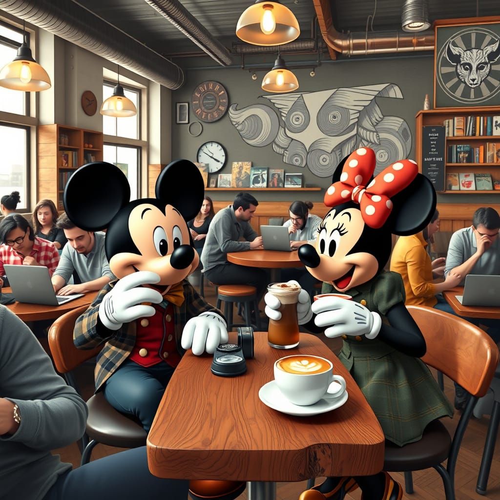 Mickey and Minnie in Hipster Cafe