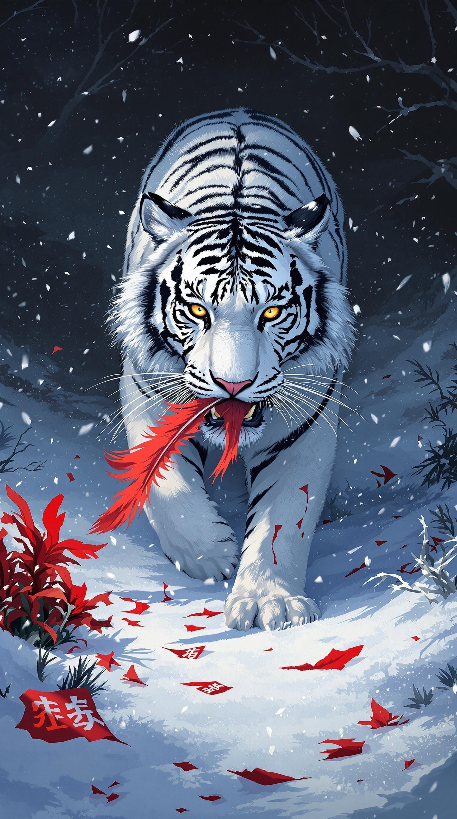 Majestic White Tiger Emerges from Winter Night, Snowy Backdr...