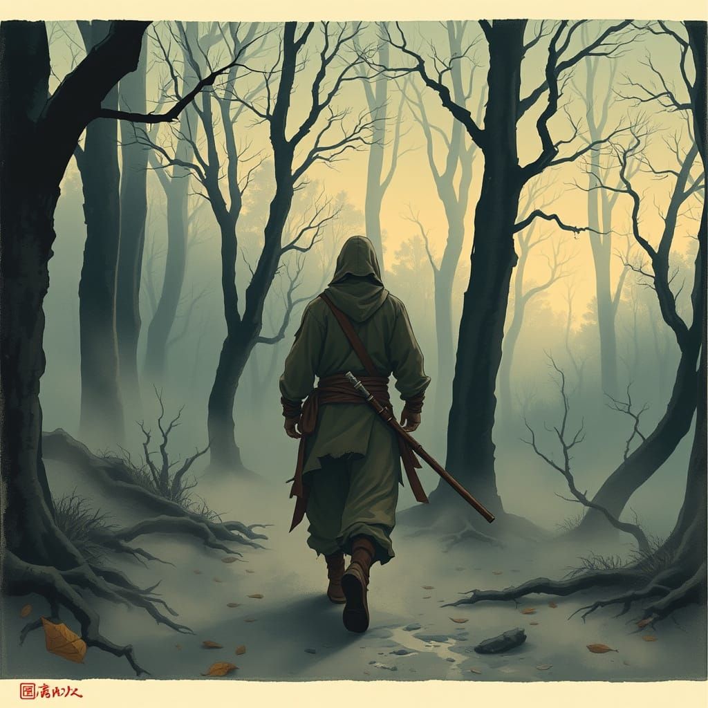 Ninja in Misty Forest, in the Style of Hokusai