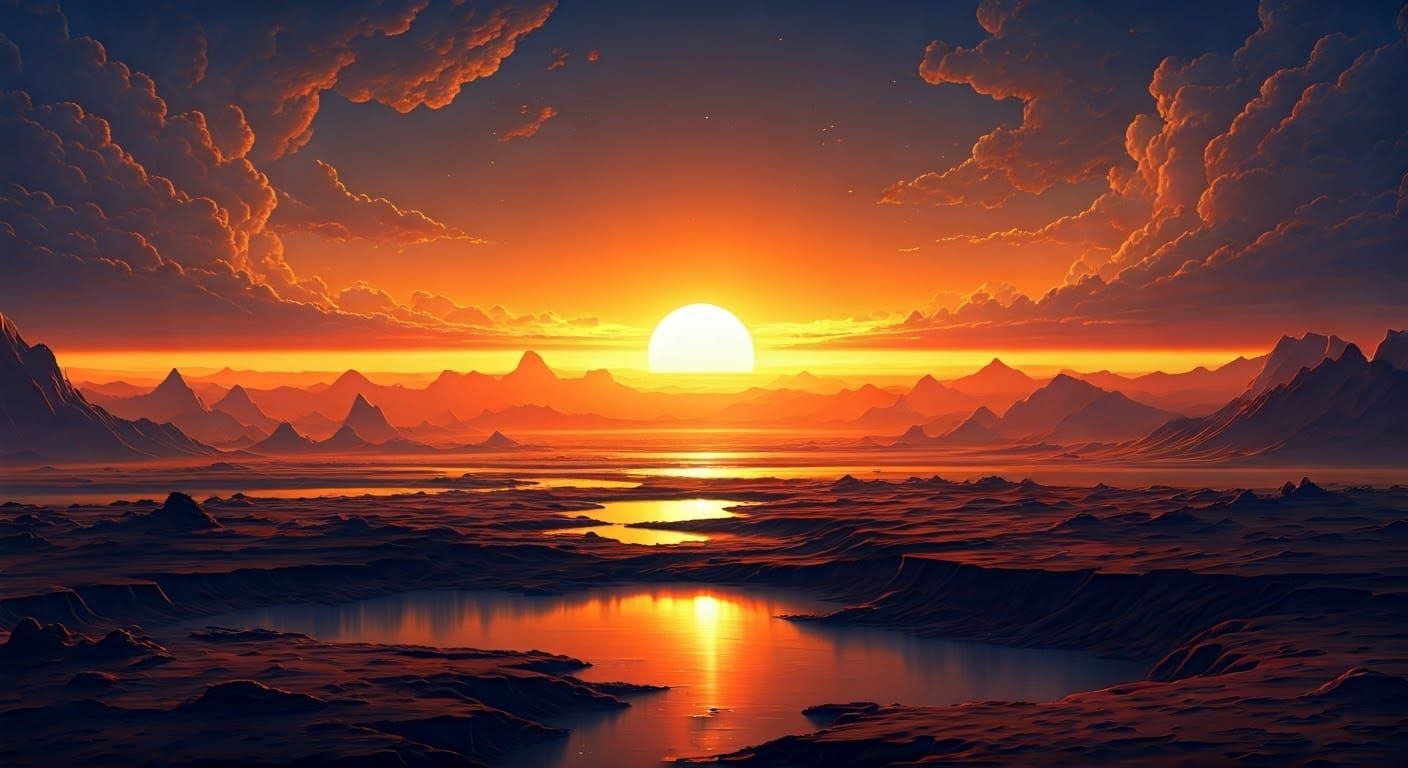 Alien Sunset with Red Mountains: Oil Painting