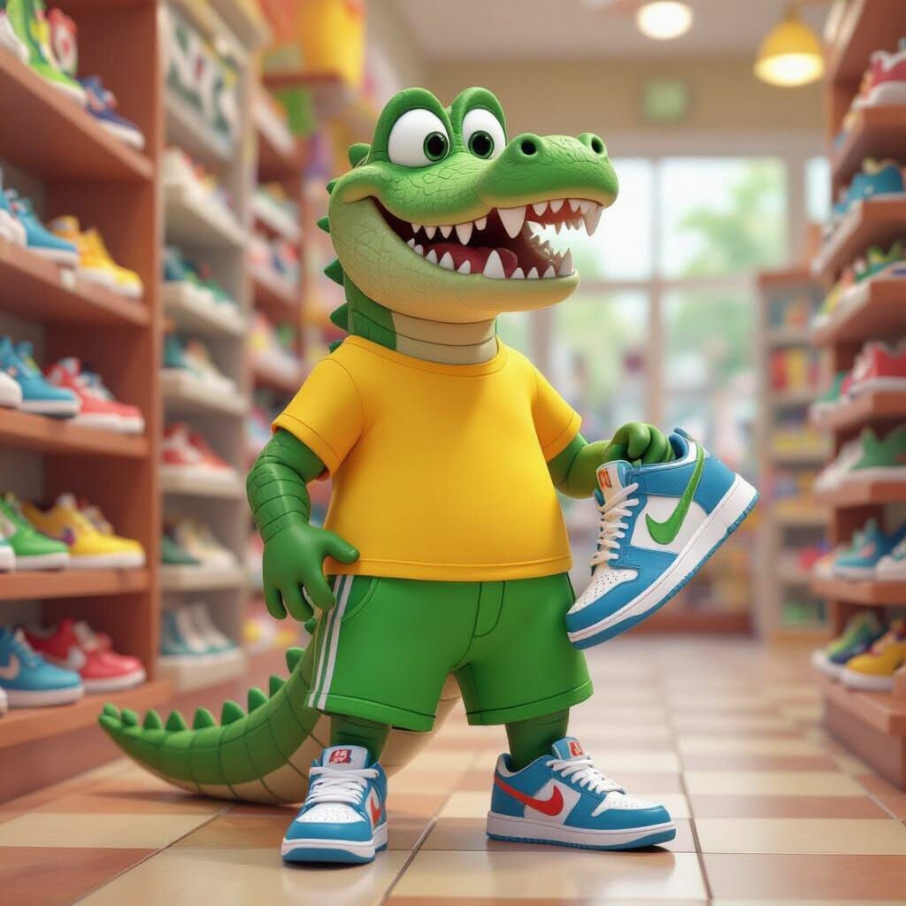 Cartoon Alligator Tries on Sneakers, 3D Animation Style