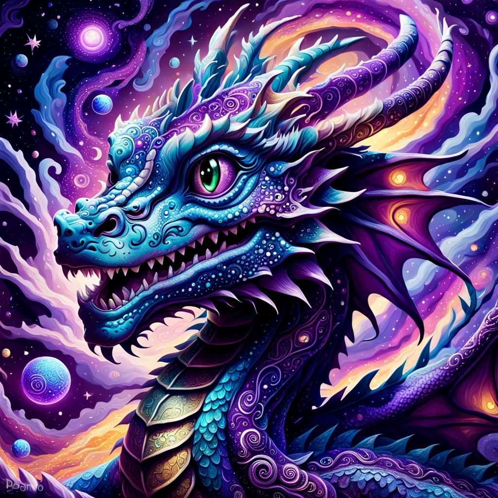 Magical Dragon in Cosmic Astralscape, Mixed Media Illustrati...
