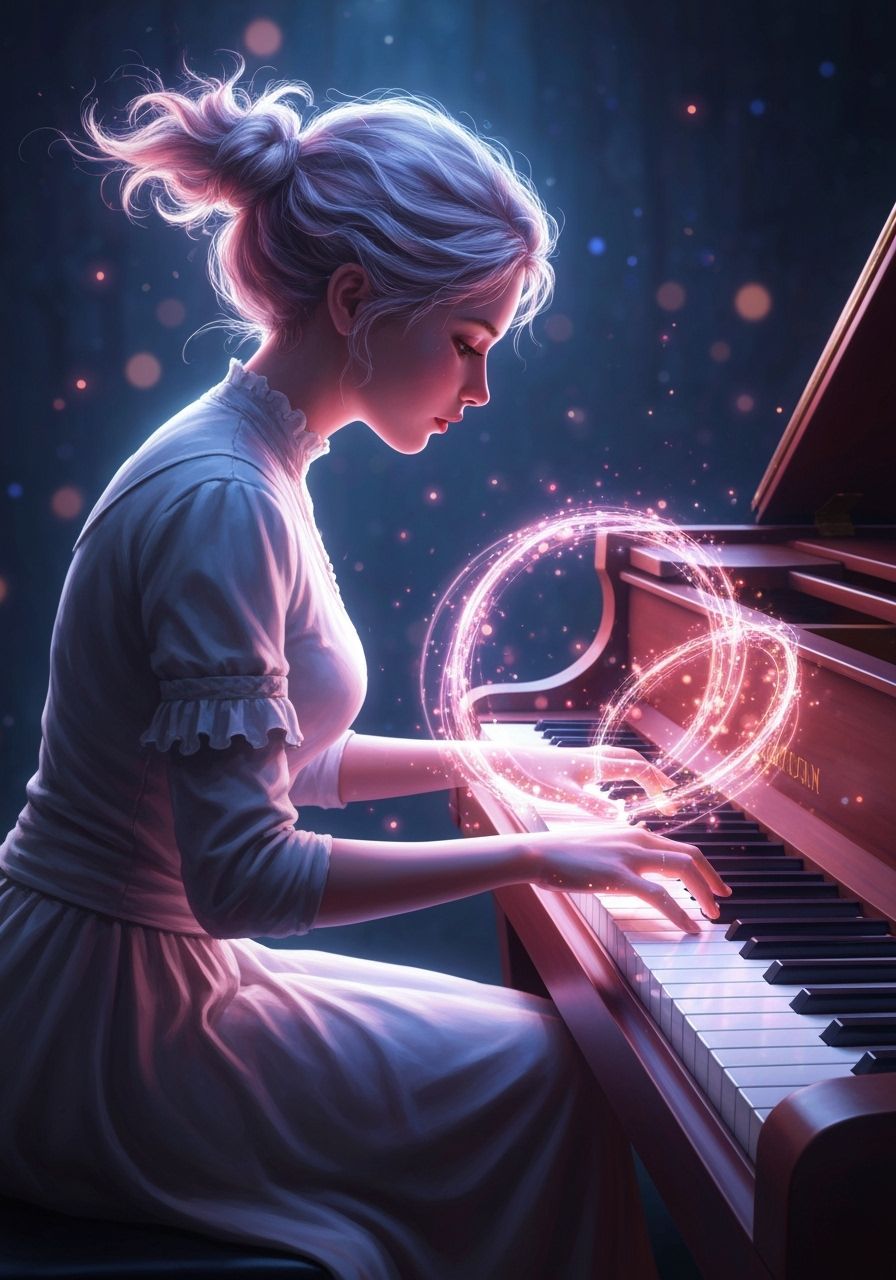 Magical Musician Plays Piano with Ethereal Glow