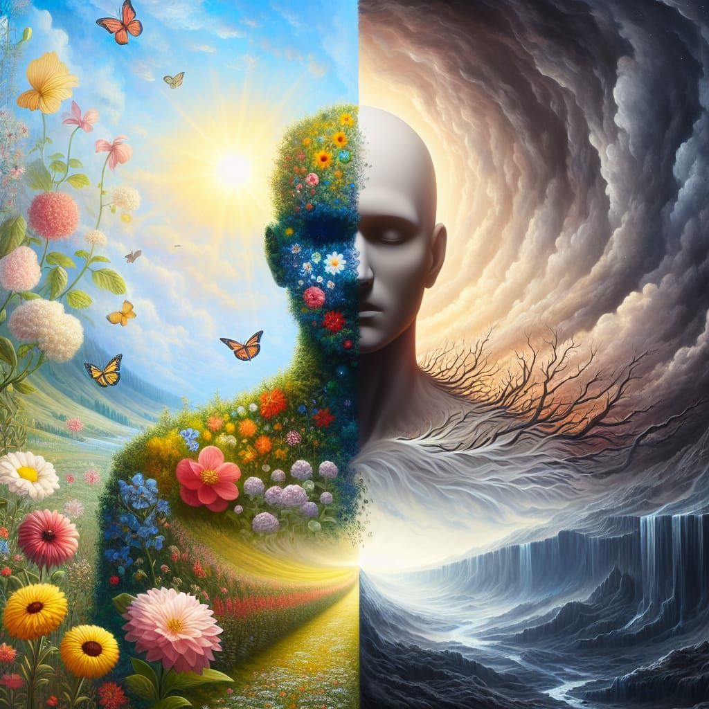 Duality of one person split in two. One side of landscape is...