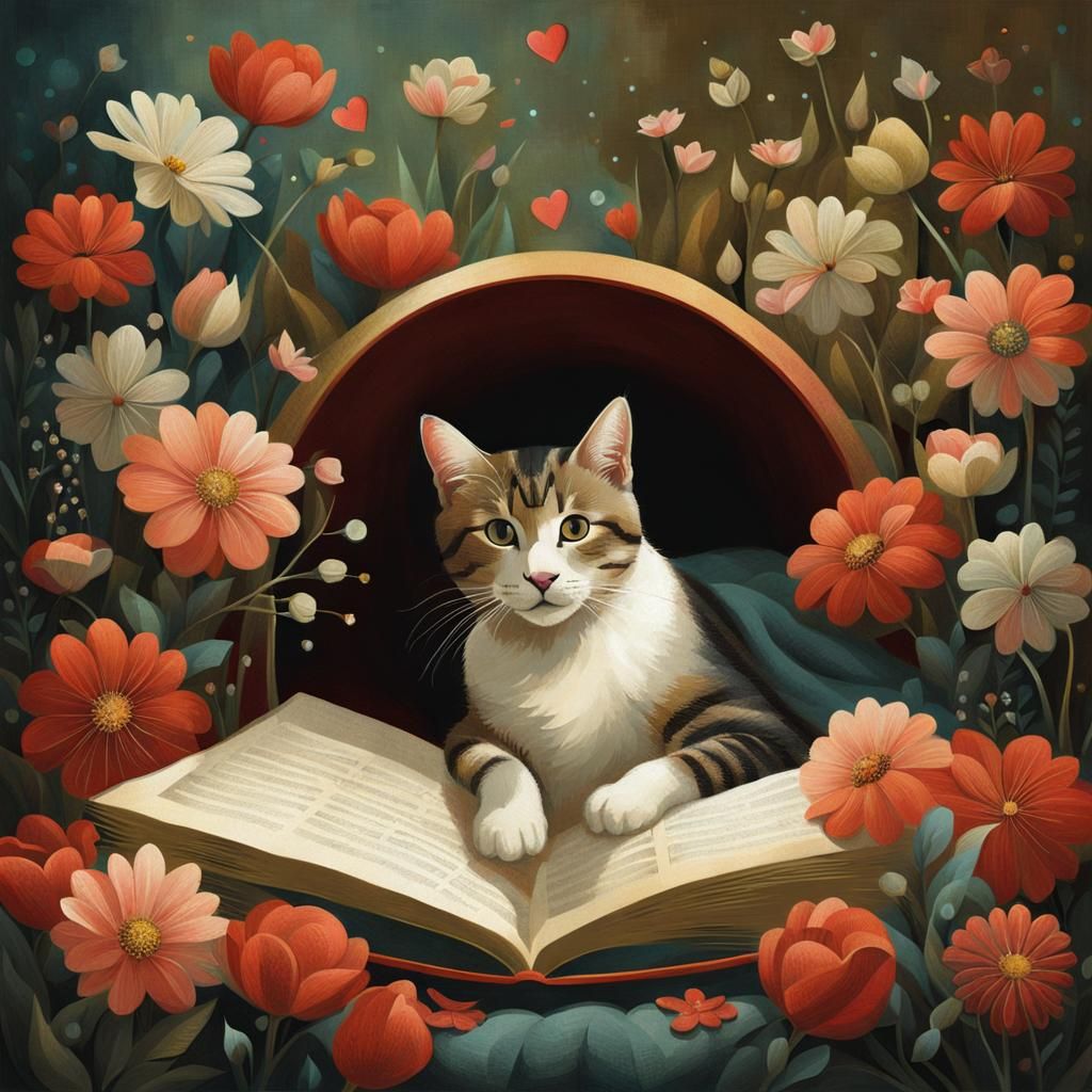 Cute Cat with Flowers in Balbusso Style