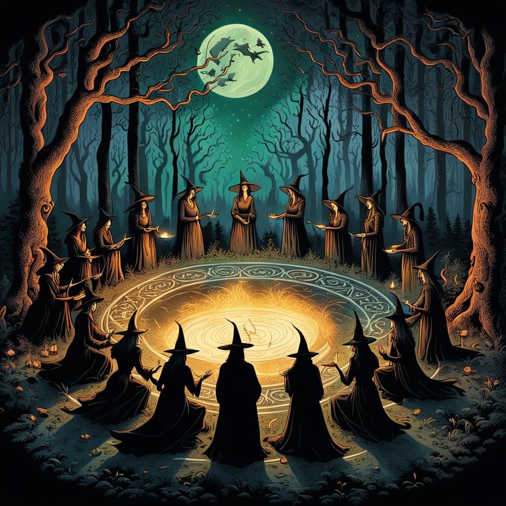 Witches' Ritual in Mystical Forest Clearing