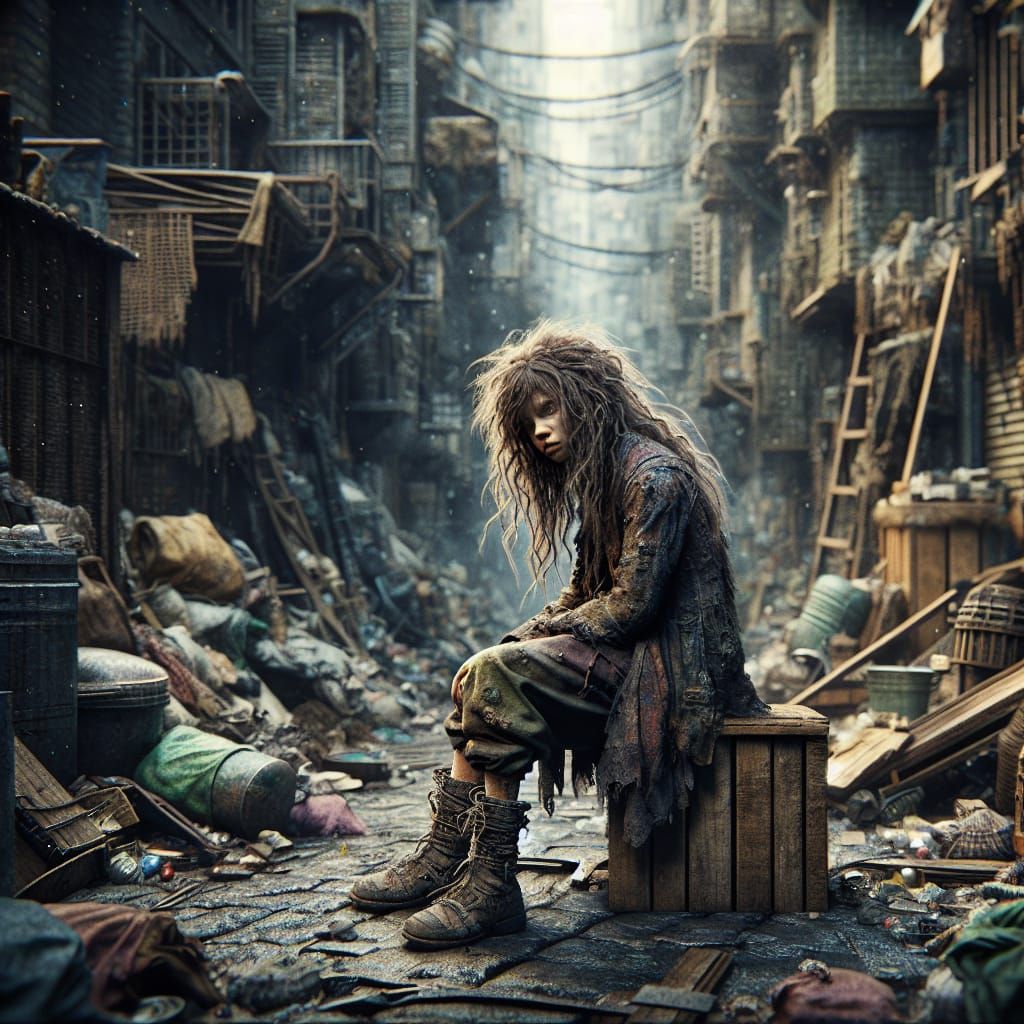 Homeless Child in Fantasy City Alleyway: Hyperrealistic