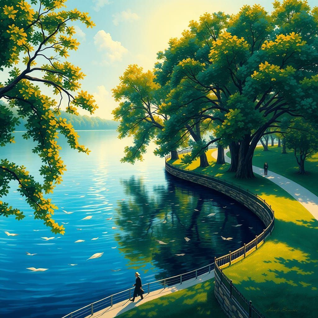 Art by Georges Seurat, serene lakeside scene, soft afternoon light, trees and water rendered in delicate dots of color, ...