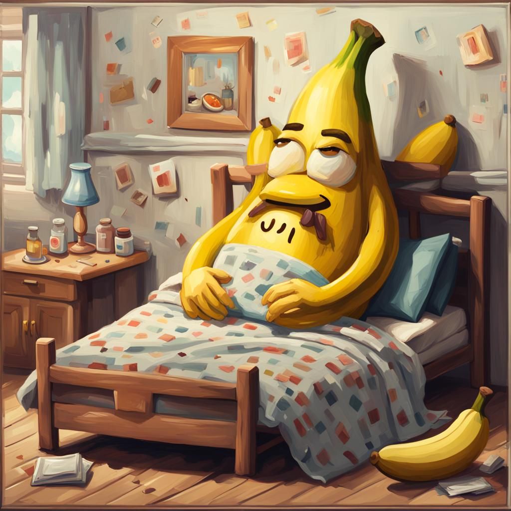 Sick Sad Banana in Bed as Oil Painting