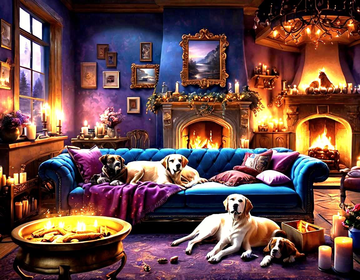 Cozy Evening: Dogs, Fire, Music in Detailed Digital Art