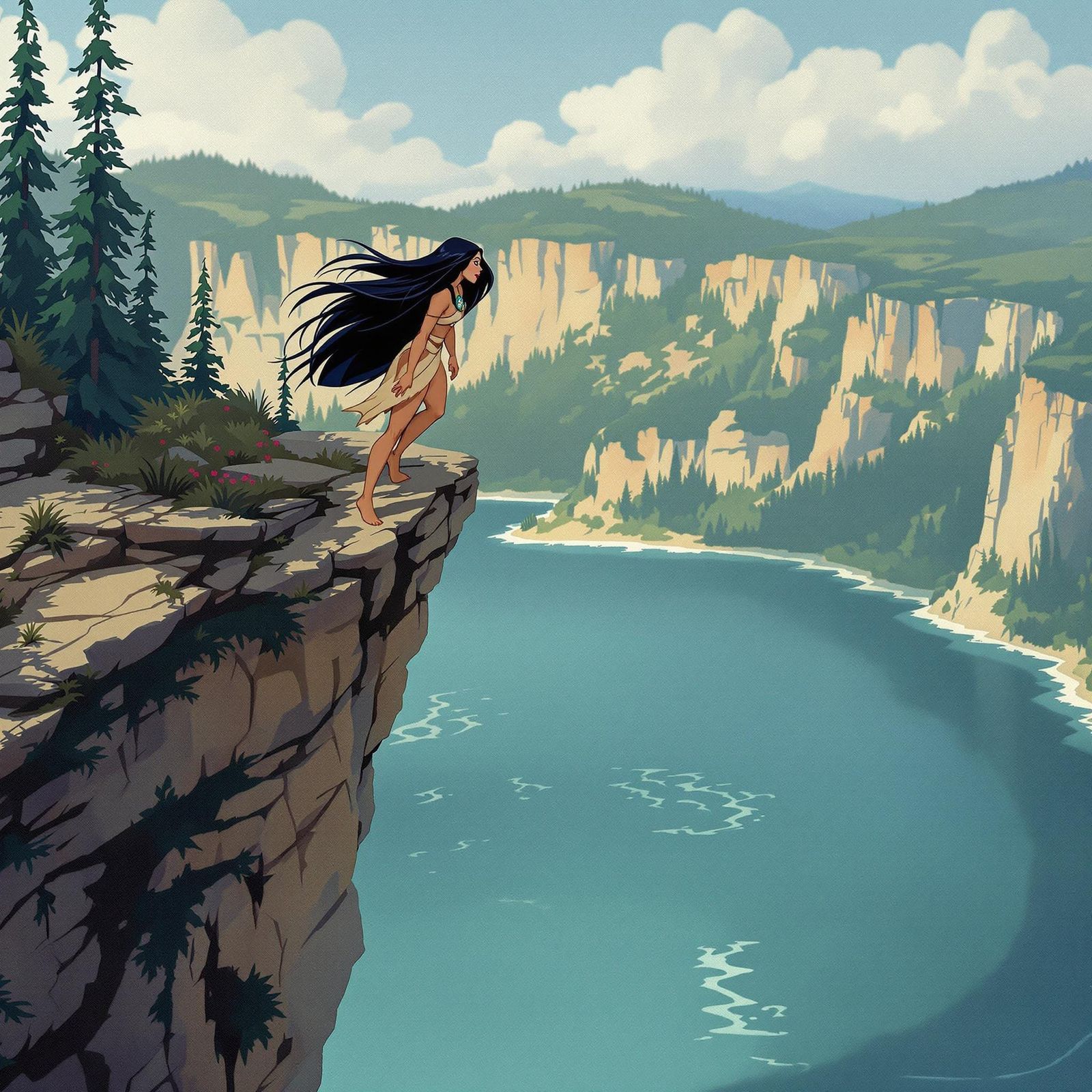 Pocahontas About to Dive From Cliff