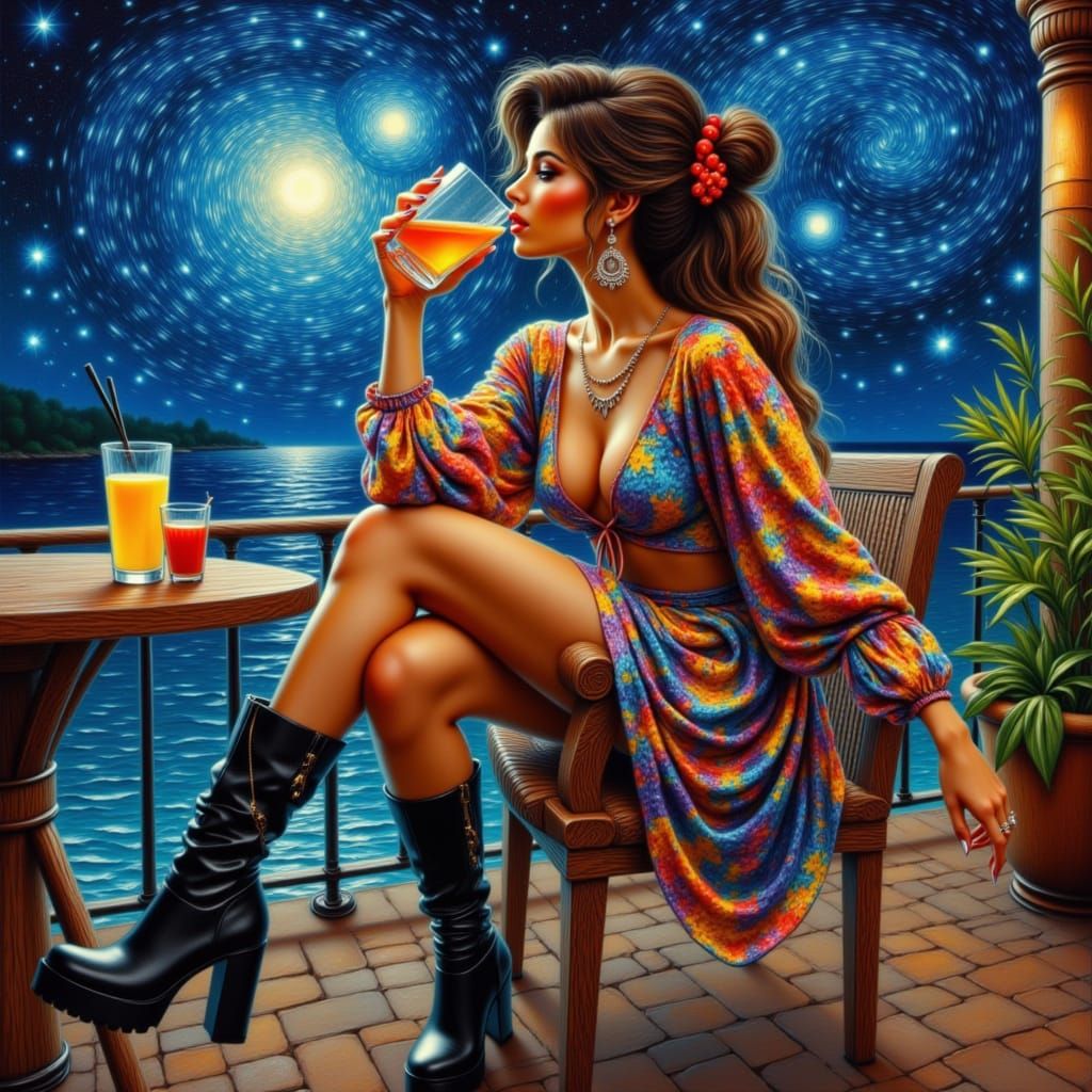 Woman Drinking Juice on Starry Terrace Bar