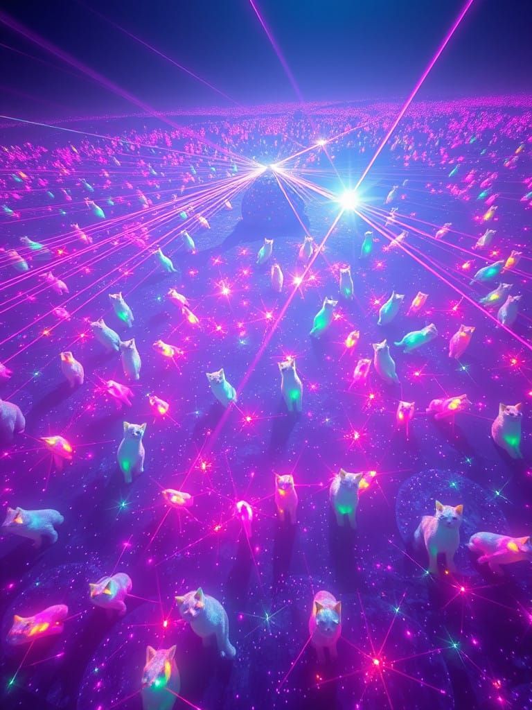 Neon Iridescent Cosmos with Radiant, Blurring Cats