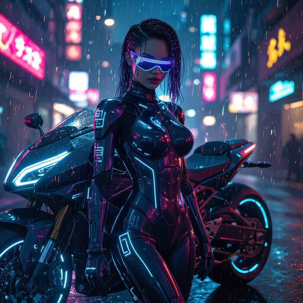 Futuristic Woman in Neon Cyberpunk Cityscape