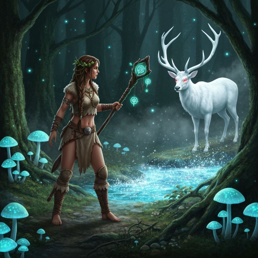 Druidess Summons Spectral Stag in Luminous Forest