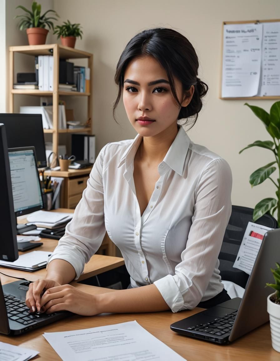 Indonesian Woman at Desk in Office: Raw Photo