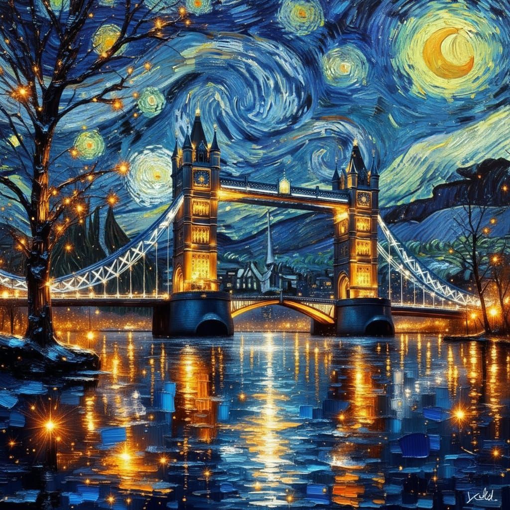 Tower Bridge at Night in Neo-Impressionist Style