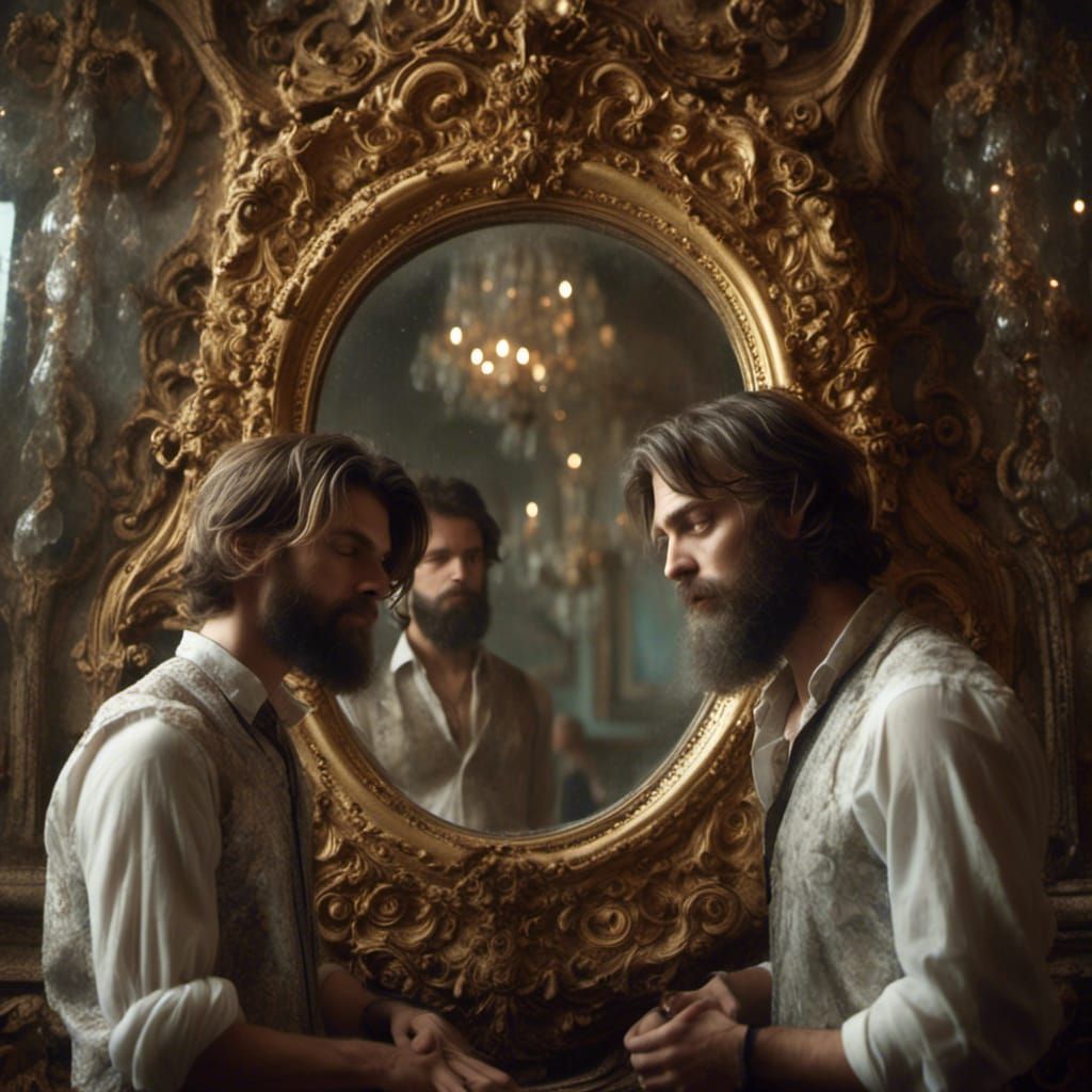 Contemplative Man and Mirror of Memories in Impressionist St...