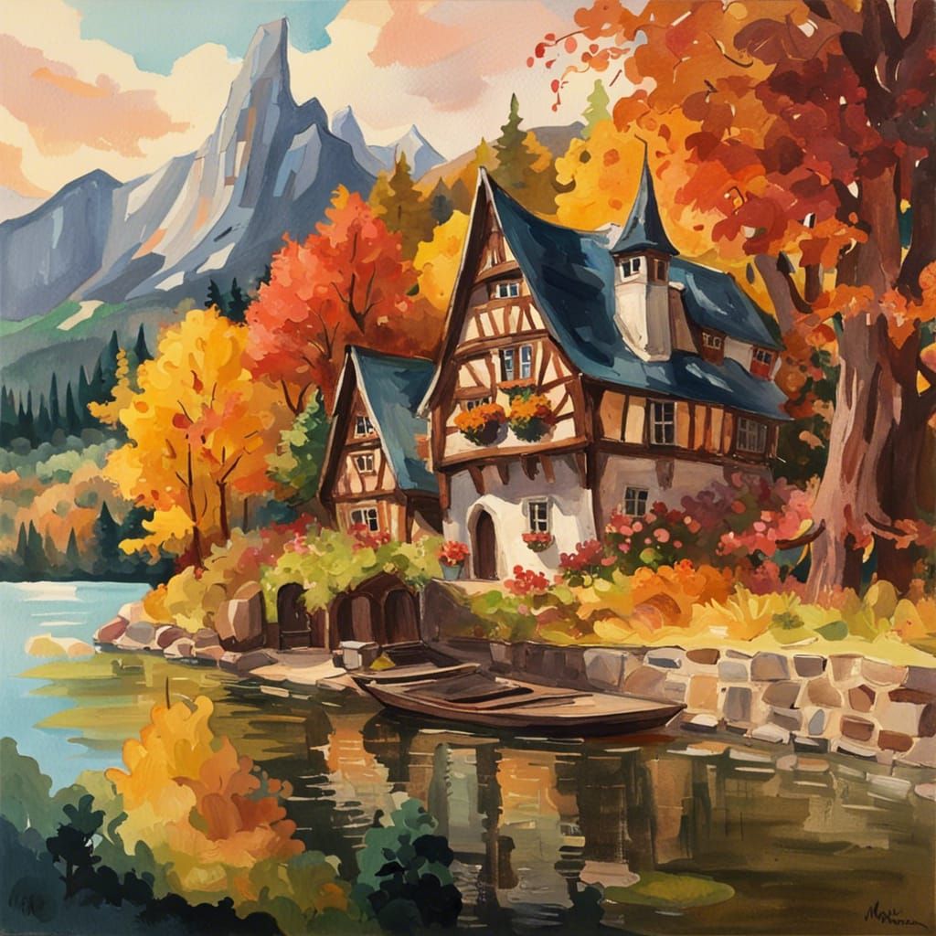 Gothic Tavern in Autumnal Sunlight, Gouache Watercolor