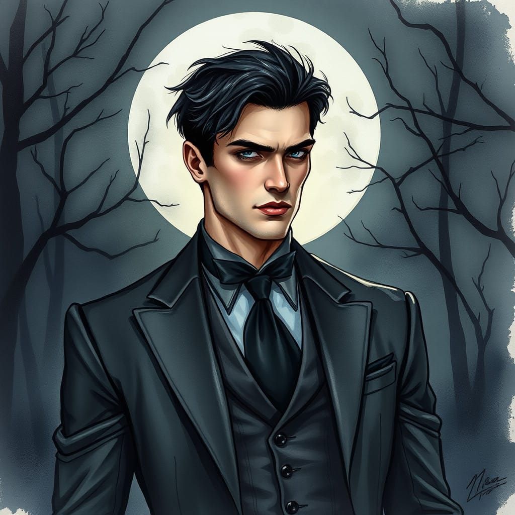 Gothic Hero in Dark Grey, Watercolour Painting