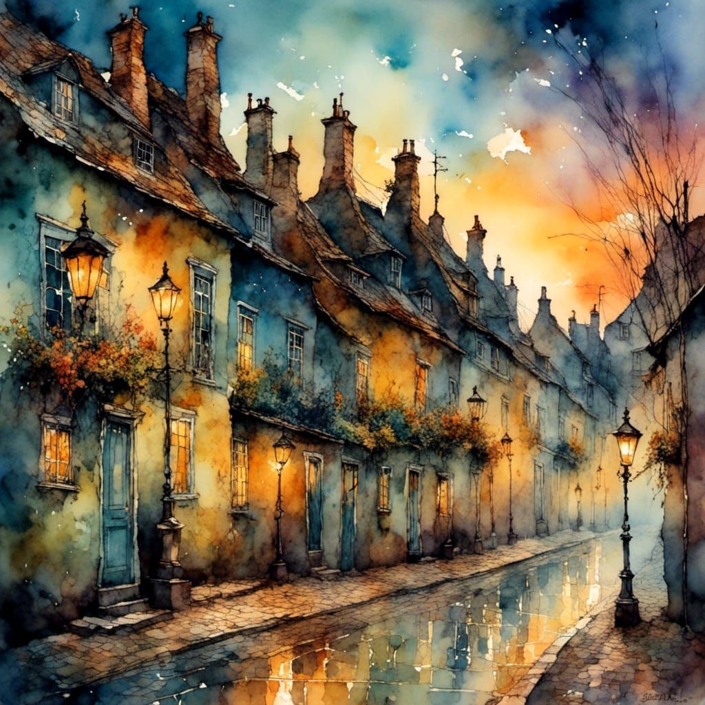 Colorful Colonial Street at Sunset