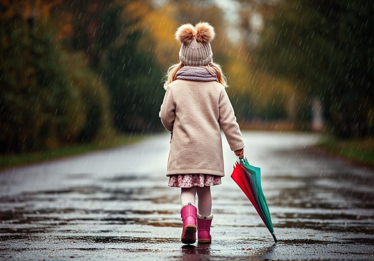 Blonde Girl Walking in the Rain with Umbrella