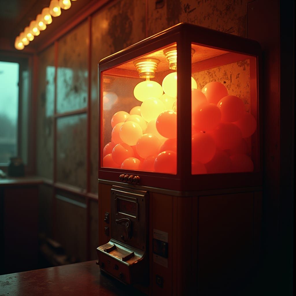 Luminous Vintage Bubble Gum Machine in Film Noir Style