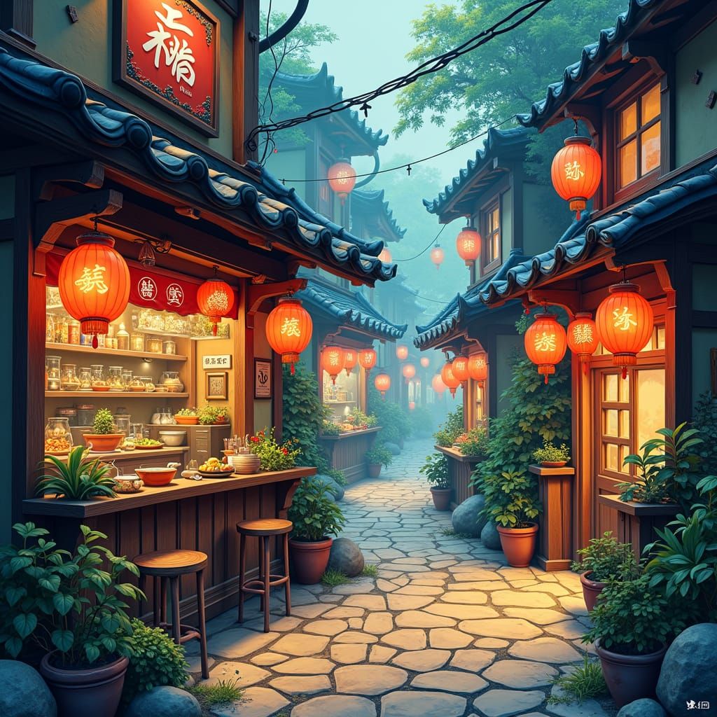 Lively Noodle Shop in Ancient Ink Painting Style
