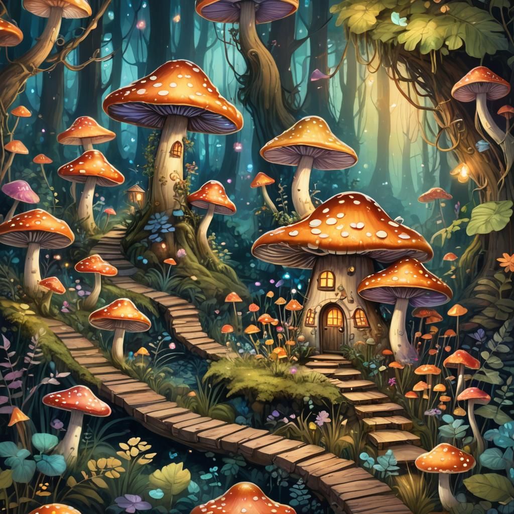 Enchanted Mushroom House in Bioluminescent Forest