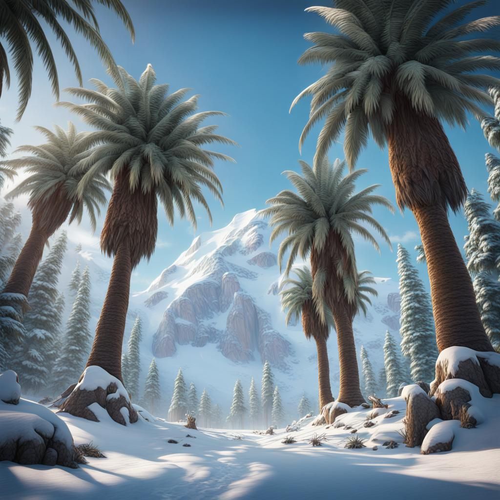 Snow Giant Palm Trees in Antarctica: Fantasy Concept Art