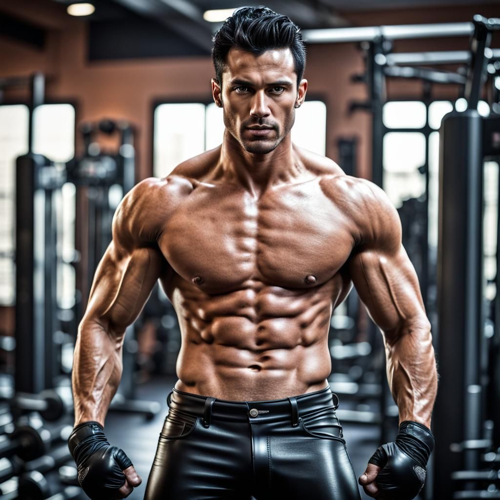 Hyperrealistic Young Man at the Gym in Leather