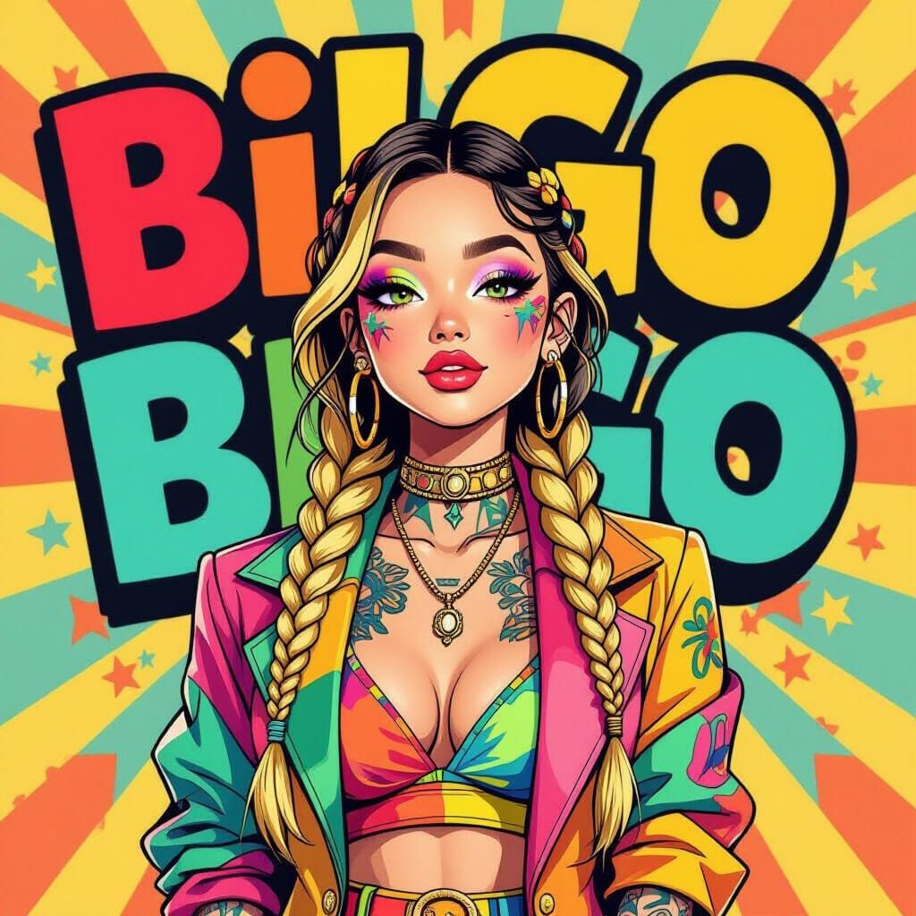 Girl with Gold Braids and Tattoos in Cartoon Style
