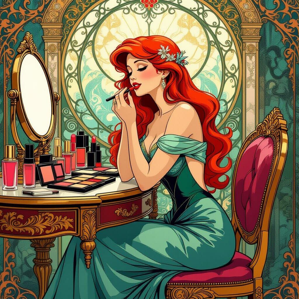 Ariel Applies Lipstick in Art Nouveau Style