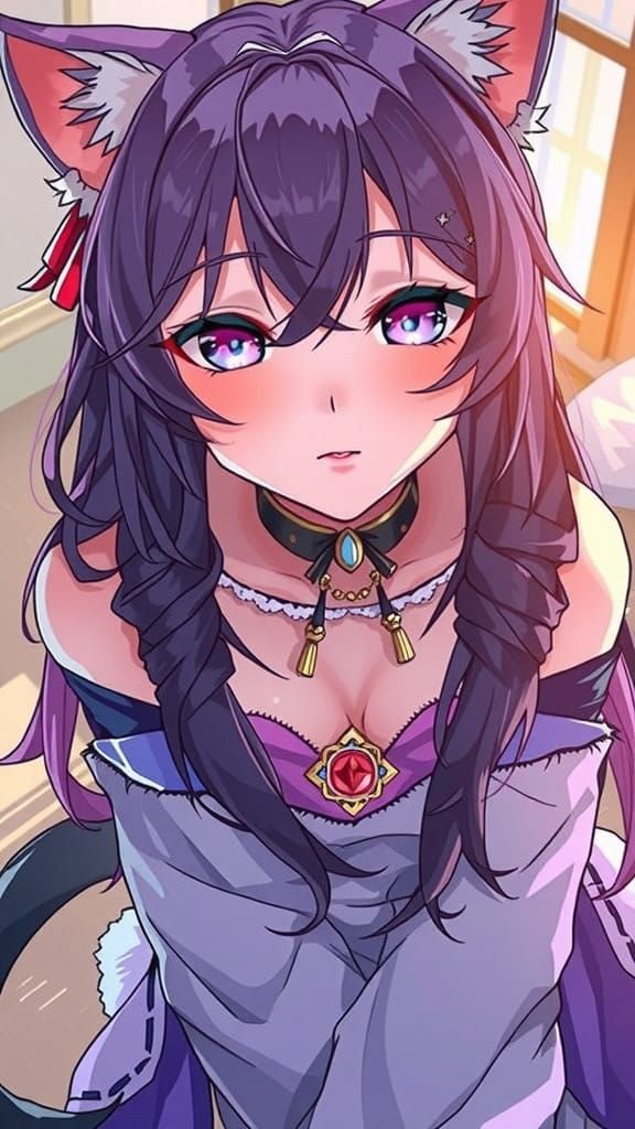 Glowing Anime Goddess with Lavender Locks and Feline Feature...