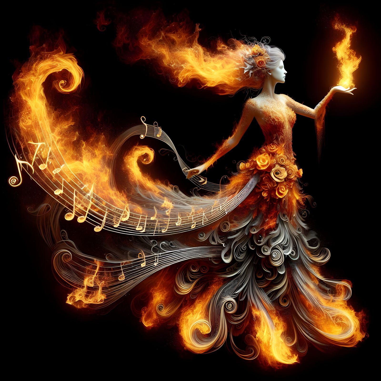 Woman in Fire Dress: Detailed Matte Painting