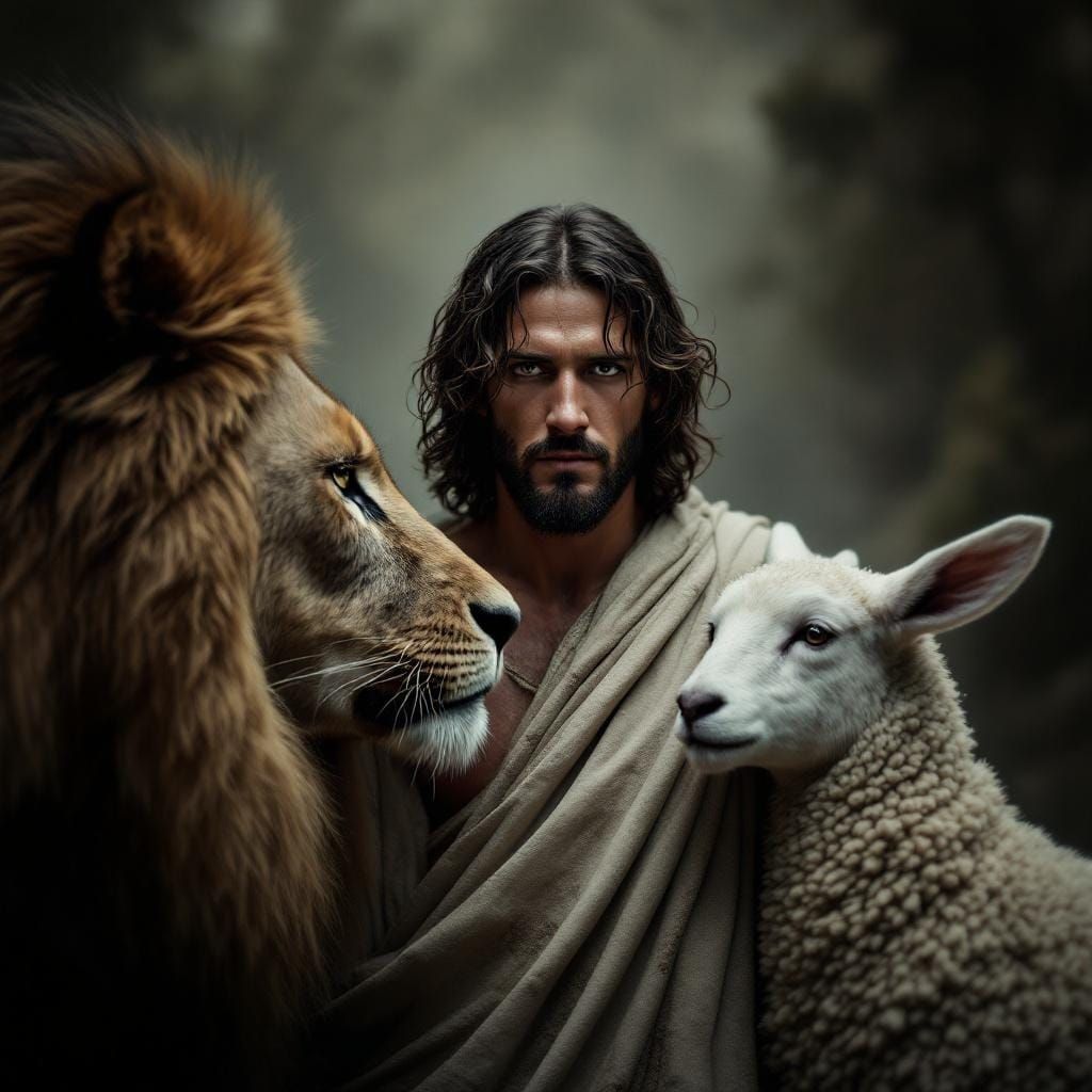 Jesus, Lion, and Lamb in Hyperrealistic Scene