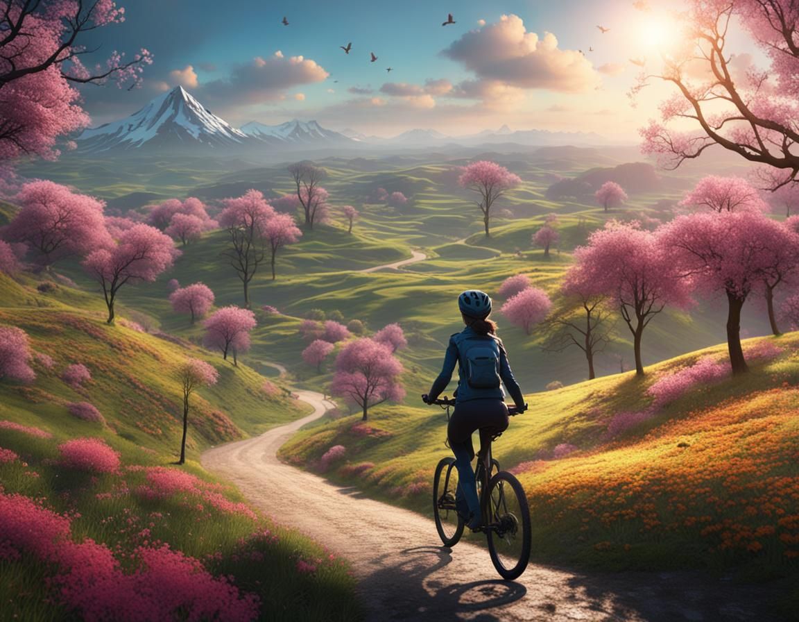 Woman Biking Hilly Terrain Silhouette: Detailed Matte Painti...