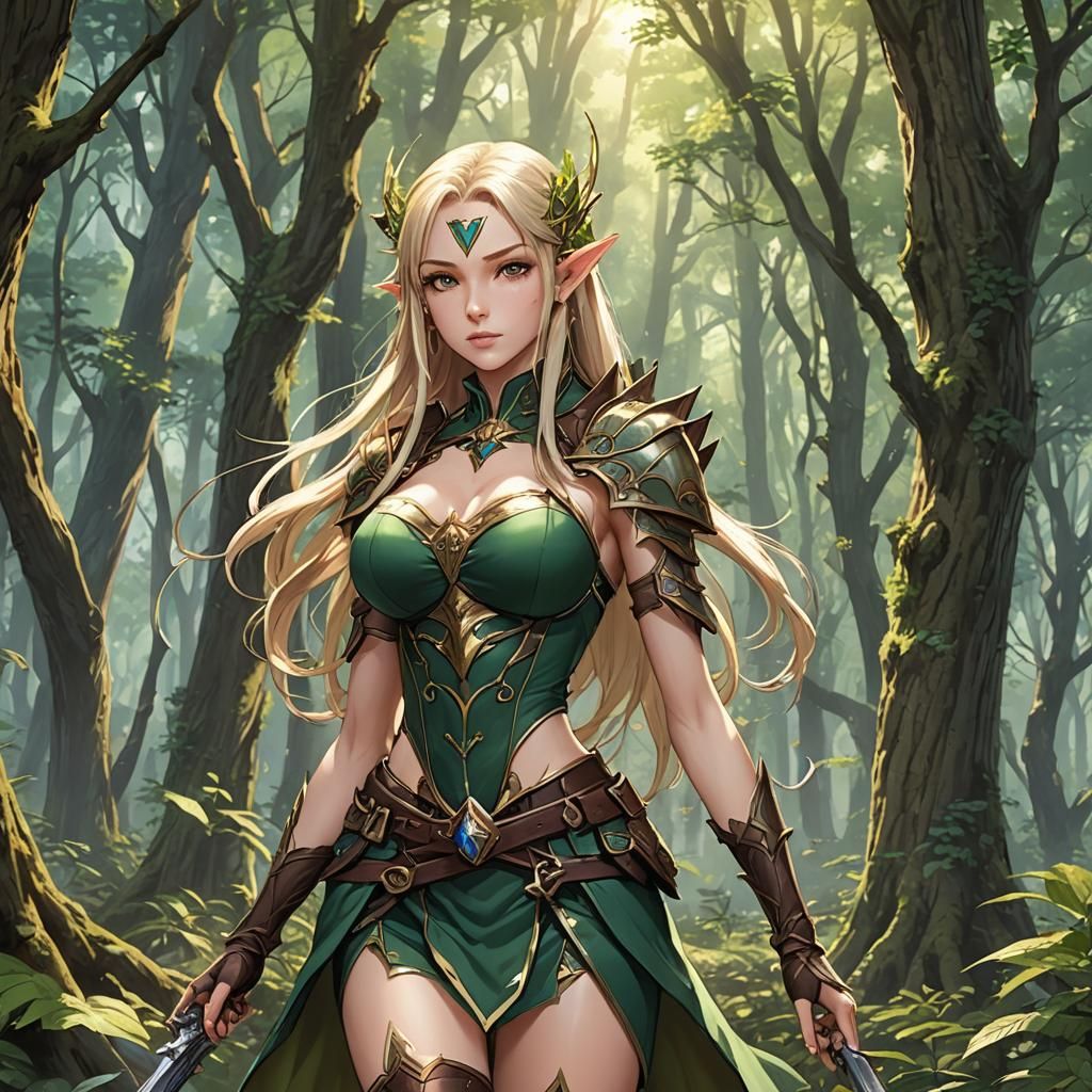 Elven Bombshell in Forest: Anime-Inspired Art
