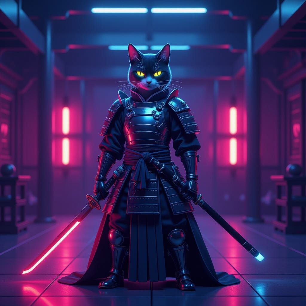 Neon Samurai Cat Guards Futuristic Dojo in Anime Style