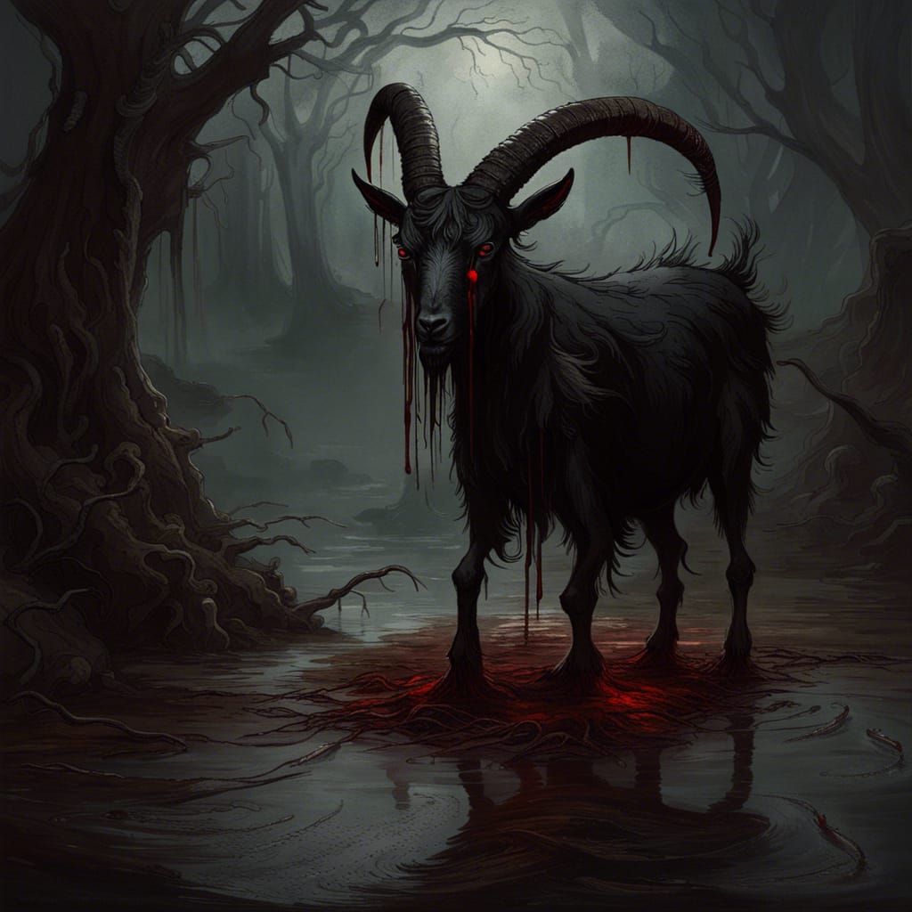 Dark Fantasy Horror: Black Goat in Rotting Swamp