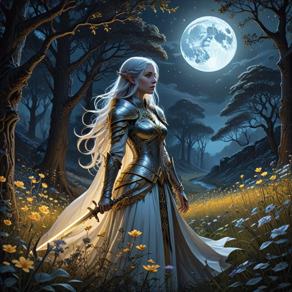 Imagine a serene spring elf princess standing in a moonlit flower meadow, her long silver hair flowing in the gentle bre...