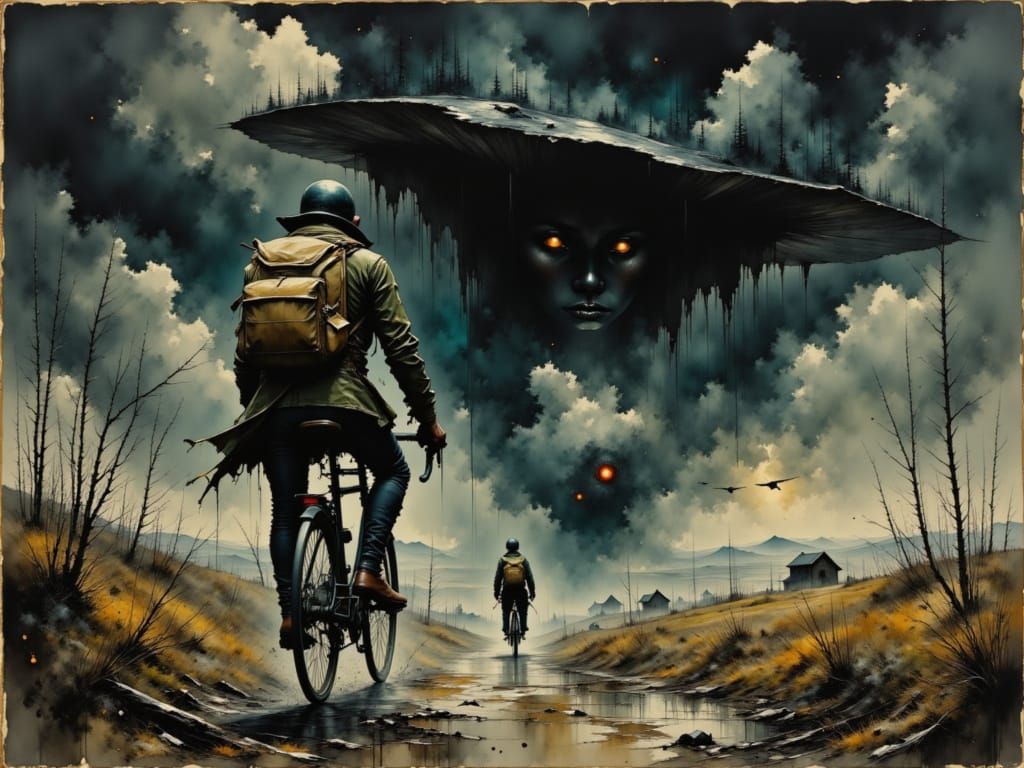 Cyclists Escape Tornado in Haunting Digital Art Style